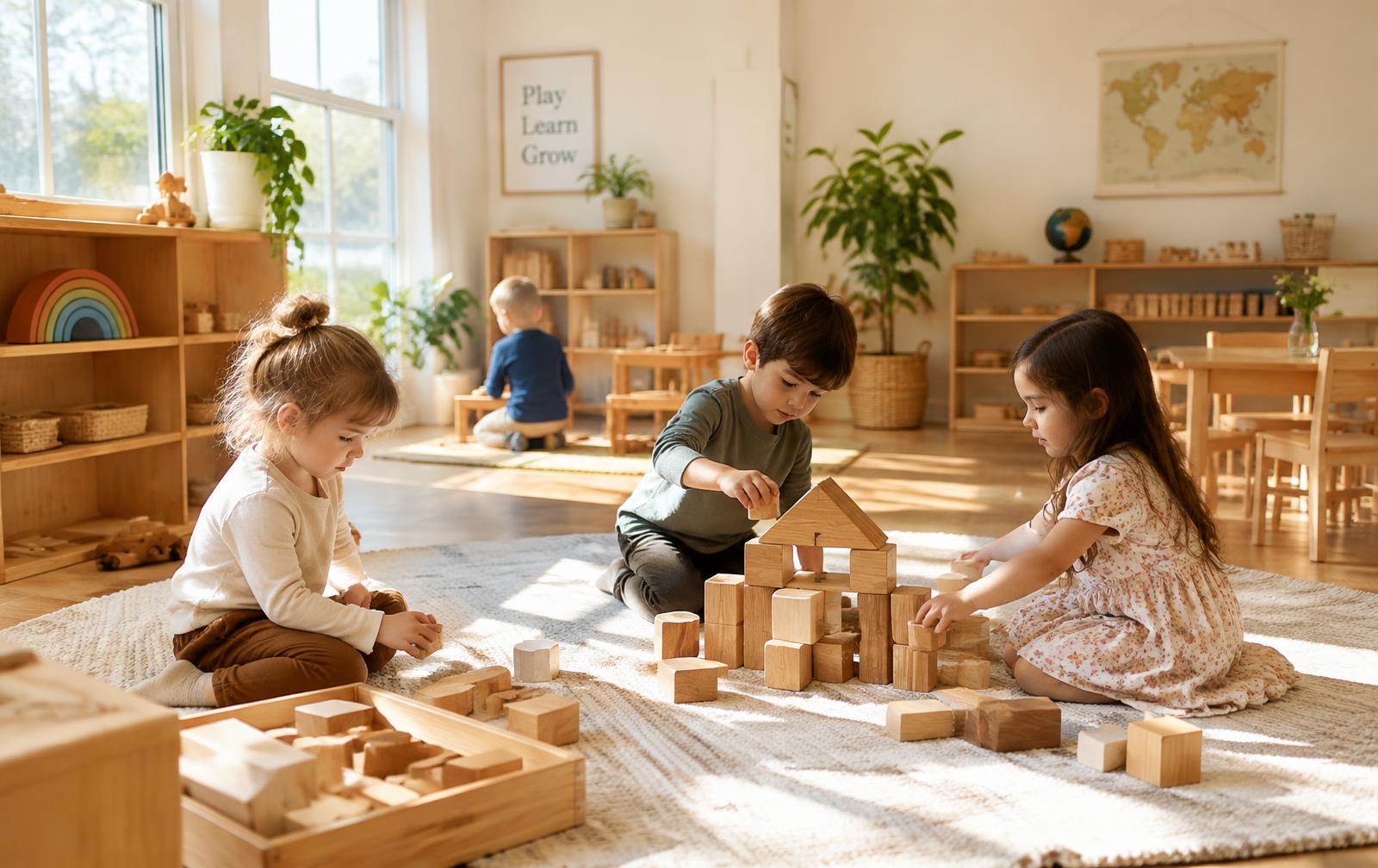 Children playing with wooden blocks in a sunny Montessori classroom